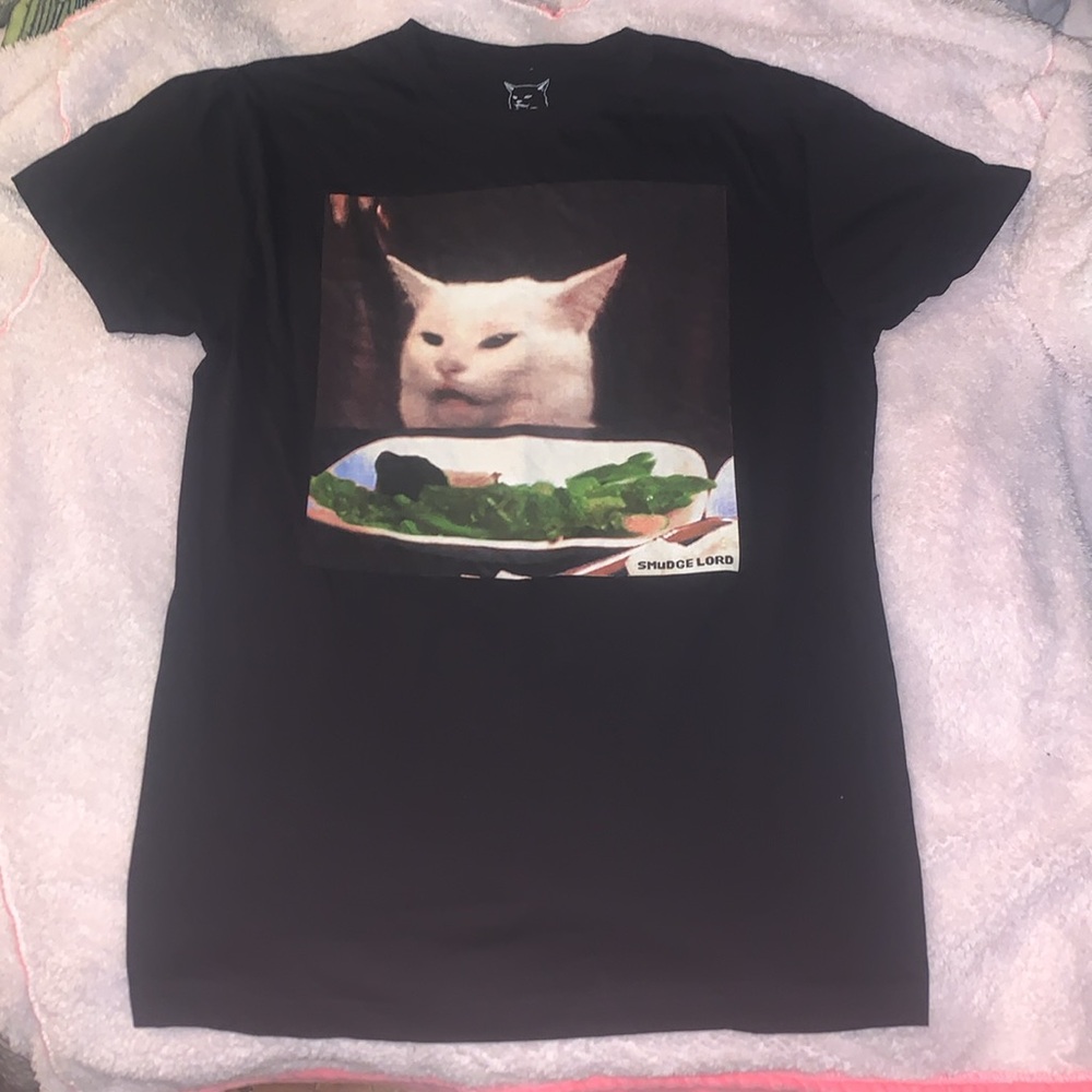 NWOT Black men’s size small confused cat at dinner meme t shirt smudge lord